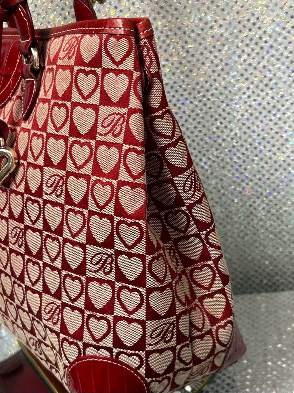 Brighton Red Heart Pattern Canvas and Leather Tote Bag Approx 15 x 9 x 4 - Picture 4 of 17